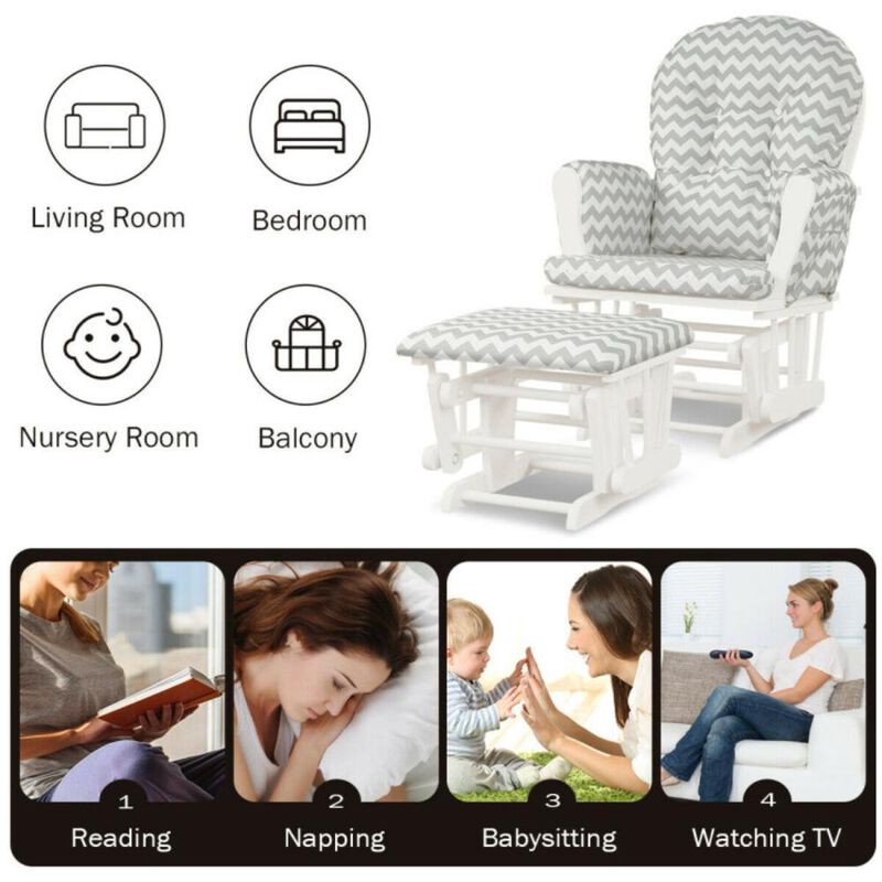 Hivvago Wood Glider and Ottoman Set with Padded Armrests and Detachable Cushion