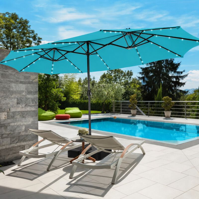 15 double sided twin outdoor patio umbrella cover Outsunny 15ft with Base, Rectangular, Double-Canopy, UV-Blocking, Easy Crank, Beige It includes a metal base frame and 2 sandbags for stability (sand not included) 15 Feet Double-Sided Twin Patio