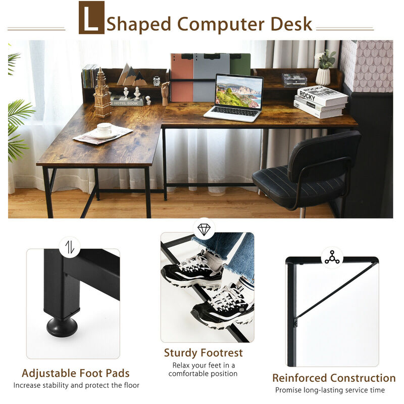 Costway 65.5'' L-shaped Computer Desk Home Office Corner Table w/Bookshelf Rustic