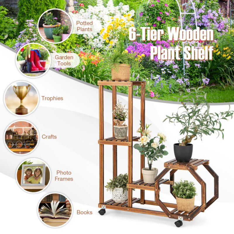 Hivvago 6-Tier Wooden Plant Stand with Wheels-Brown