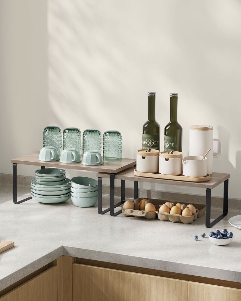 Set of 2 Cabinet Shelf Organizers Stackable, Expandable Metal and Bamboo Kitchen Counter Shelves