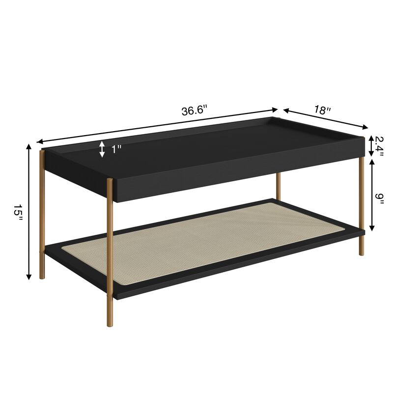 Boho Coffee Table  Gold Iron Legs Rattan Shelf Storage -Nero Black