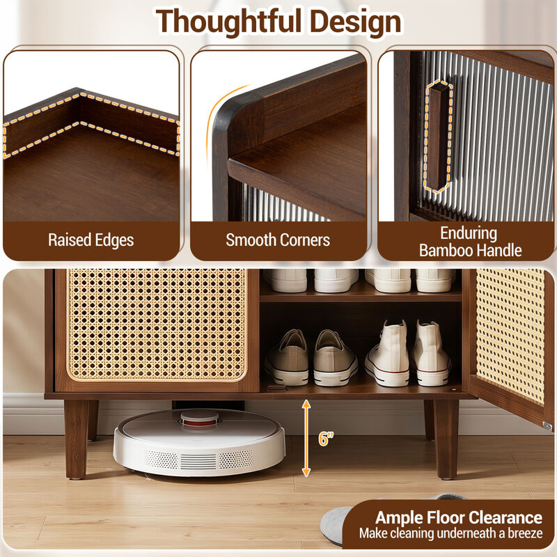 5-Tier Bamboo Shoe Cabinet with Woven Rattan Doors and Sliding Doors for Entryway image number 8