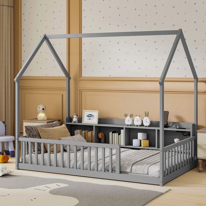 Whisen Twin Size House Floor Bed with Storage Shelves, LED Lights & Charging Station, Pine Wood Kids Platform Bed with Guardrails