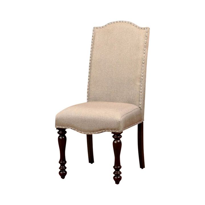 18 Inch Dining Chair, Beige Linen Fabric, Rich Brown Wood, Turned Legs-Benzara