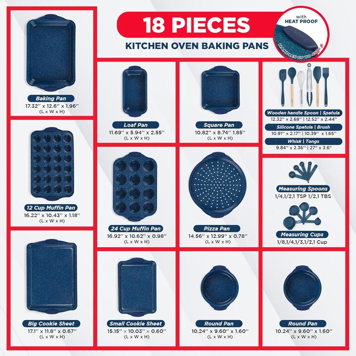 BAKKEN Kitchen Baking Pan Set - Nonstick Coating, Carbon Steel Bakeware Sets with Handles, Baking Kitchen Essentials, PFOA, PFOS, PTFE Free, Oven Safe Tray (Up To 450&deg; F), Set of 18