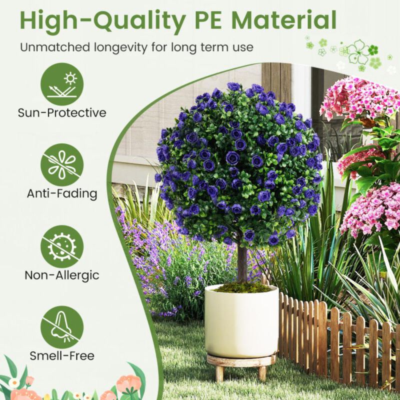 Hivvago 22 Inch Set of 2 Artificial Purple Rose Topiary Ball Trees with Cement-Filled Pot