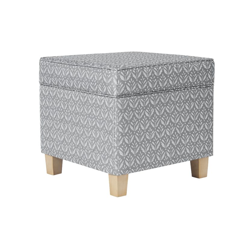 Pyp Square Storage Ottoman, 18 Inch Gray Print Fabric, Brown Wood