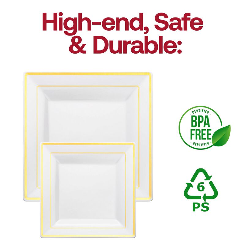 9.5" White with Gold Square Edge Rim Plastic Dinner Plates (120 Plates) image number 4