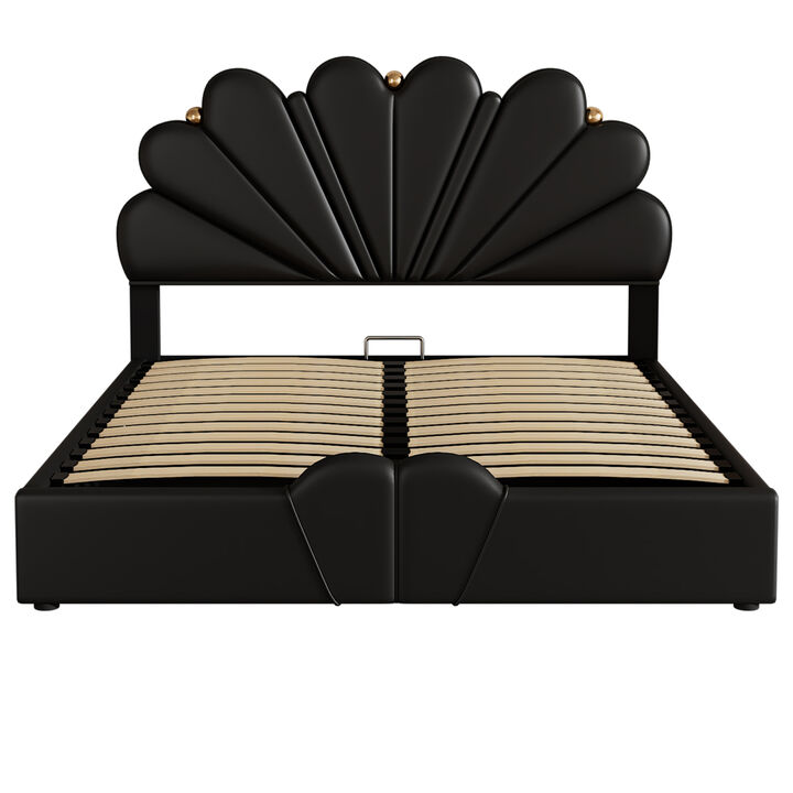 Queen Size Upholstered Petal Shaped Platform Bed with Hydraulic Storage System, PU Storage Bed, Decorated with metal balls, Black