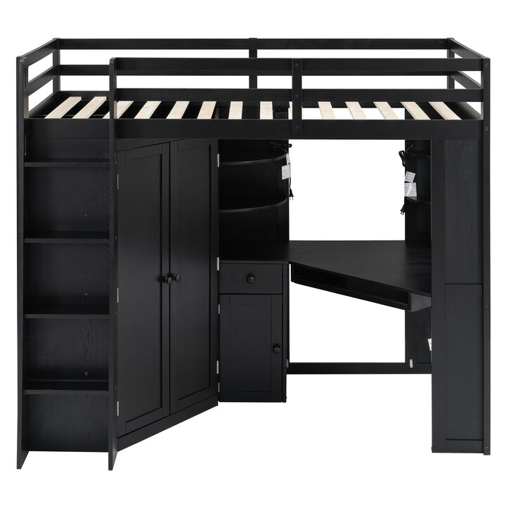 Merax Twin Size Loft Bed with Large Wardrobe, Workstation & Charging Station