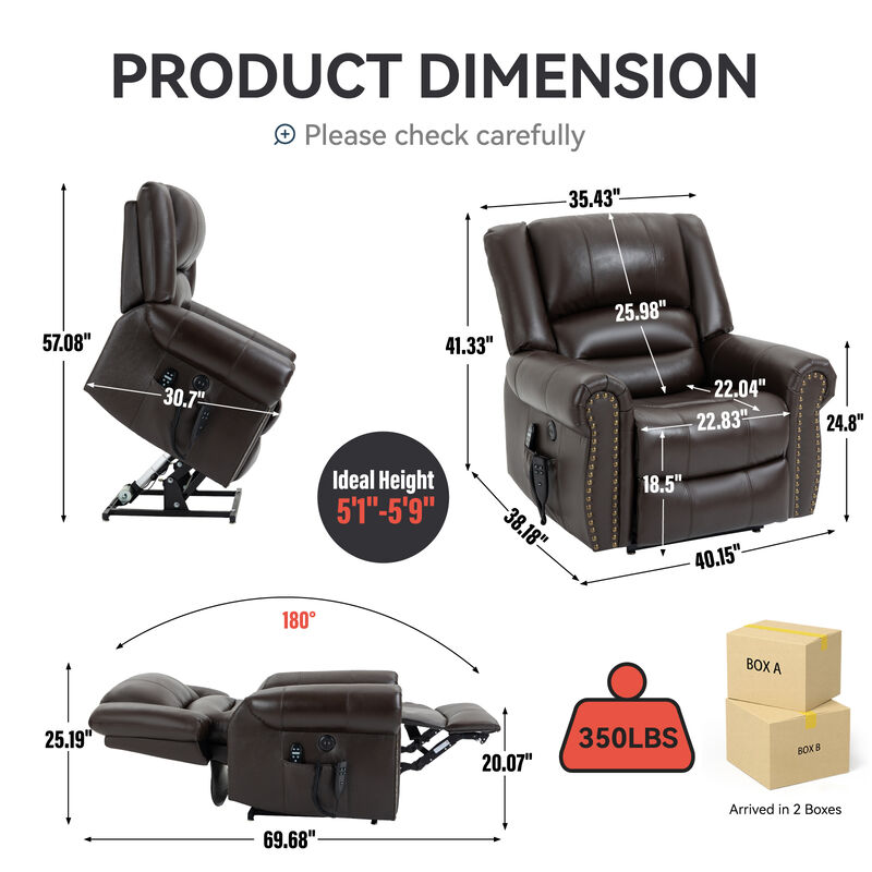 Up to 350 LBS Chenille Power Lift Recliner Chair, Heavy Duty Motion Mechanism with 8-Point Vibration Massage and Lumbar Heating, USB and Type-C Ports, Stainless Steel Cup Holders, Brown