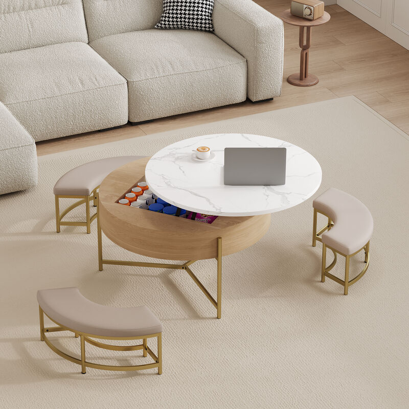 Merax Modern Round Lift-Top Coffee Table with Storage & 3 Ottomans - Multifunctional Cocktail Ottoman Set for Living Room