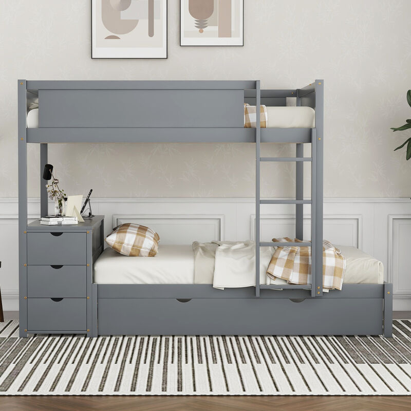 Full Over Full Bunk Bed With Twin Size Trundle, Storage And Desk, Gray