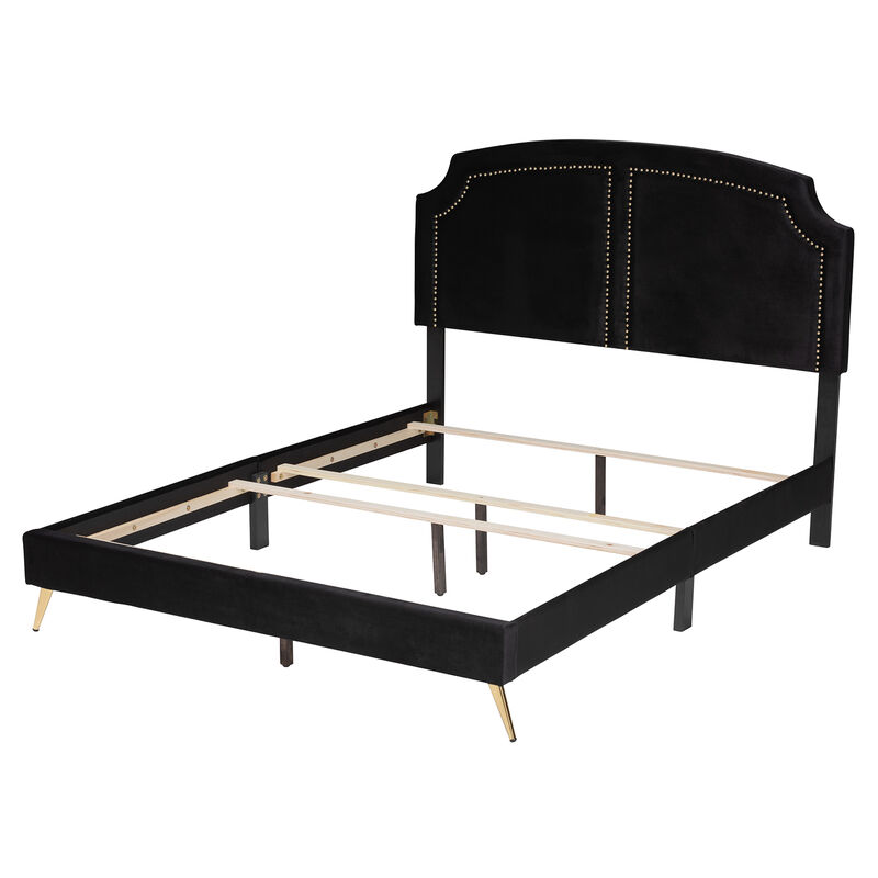 Baxton Studio Oxley Traditional Black Velvet and Gold Metal Queen Size Panel Bed
