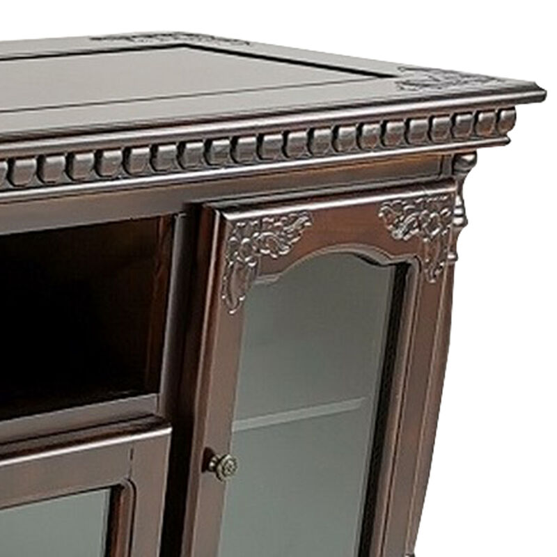 TV Stand with 4 Glass Doors and Turnip Feet, Brown - Benzara