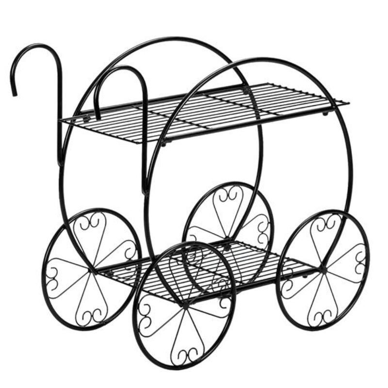 Rolling Cart-Style Plant Stand, 2-Layer Metal Flower Pot Holder for Home & Balcony
