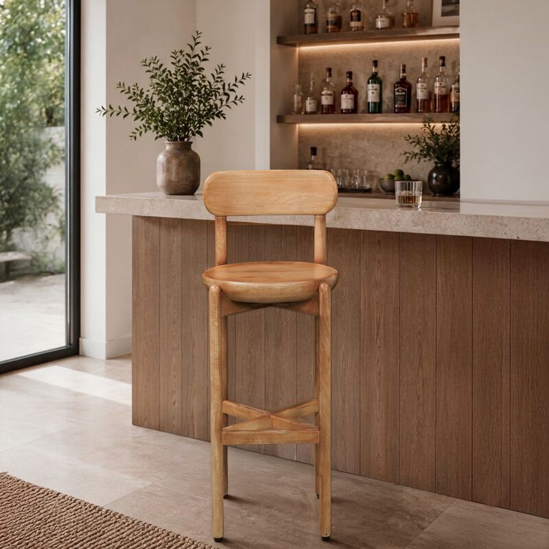 Maona Bar Stool Chair with Round Seat, Curved Open Back, Natural Brown Mango Wood image number 1