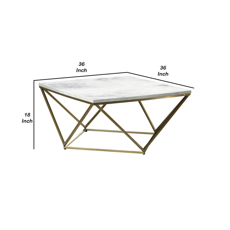 36 Inch Modern Square Coffee Table, White Faux Marble Top, Slender Gold Base-Benzara