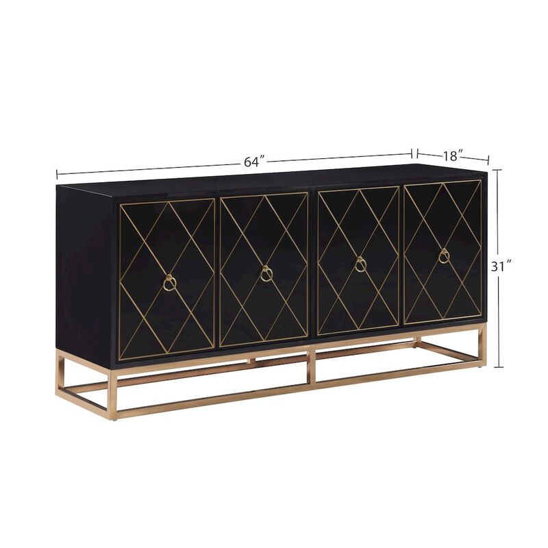 Best Master Furniture Senior 64" Lacquer Wood 4-Compartment Sideboard, Gold Accents - Black image number 6