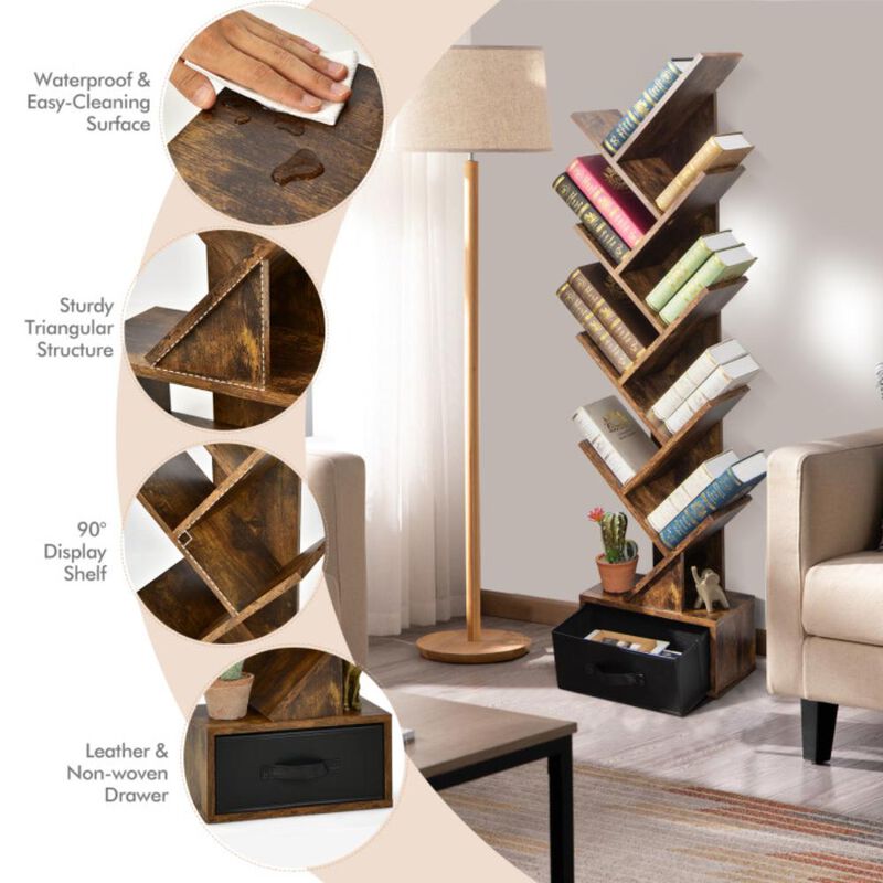 Hivvago 10-Tier Bookshelf with Drawer Free-standing Storage Bookcase