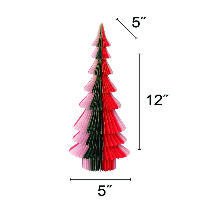 Handmade Paper Folding Honeycomb Tree with Gold Glitter Edge, Red, Green and Pink