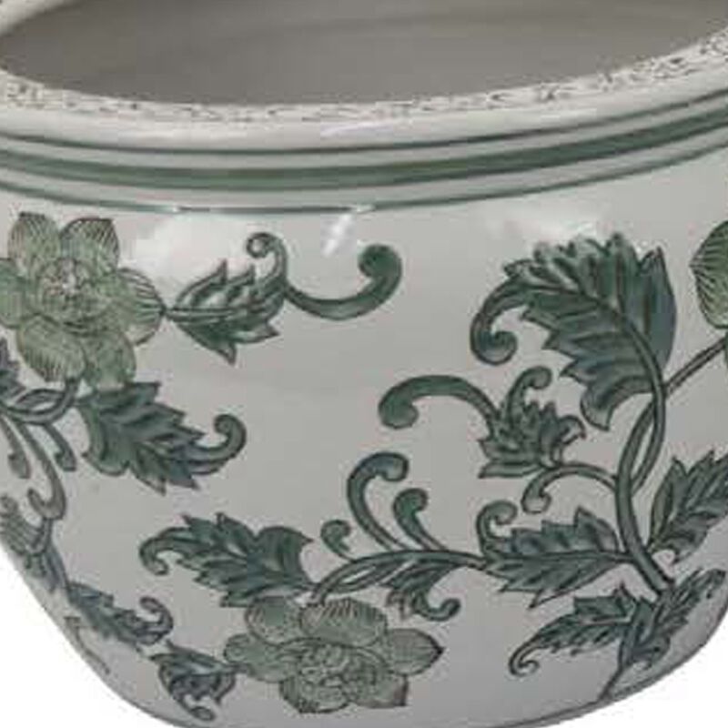 Hely 3 Planter Set, Green White Floral Glazed Ceramic 16, 12, 8 Inch