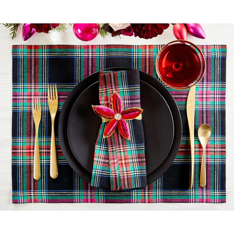 Solino Home 100% Pure Linen Placemats 14 x 19 Inch Set of 4 - Jewel Plaid