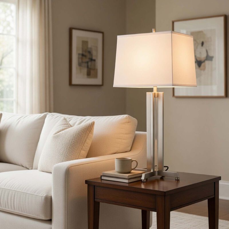 Liam Table Lamp, White Drum Shade, 30 Inch Brushed Steel Footed Base image number 8