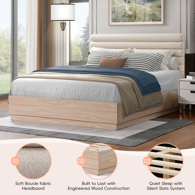 Christopher Knight Home Bellane Contemporary Wood Bed Frame with Taupe Boucle Upholstered Headboard