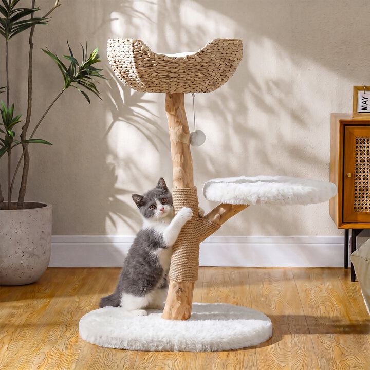 Boho Solid Wood Cat Tree with Wicker Basket Bed for Indoor Cats