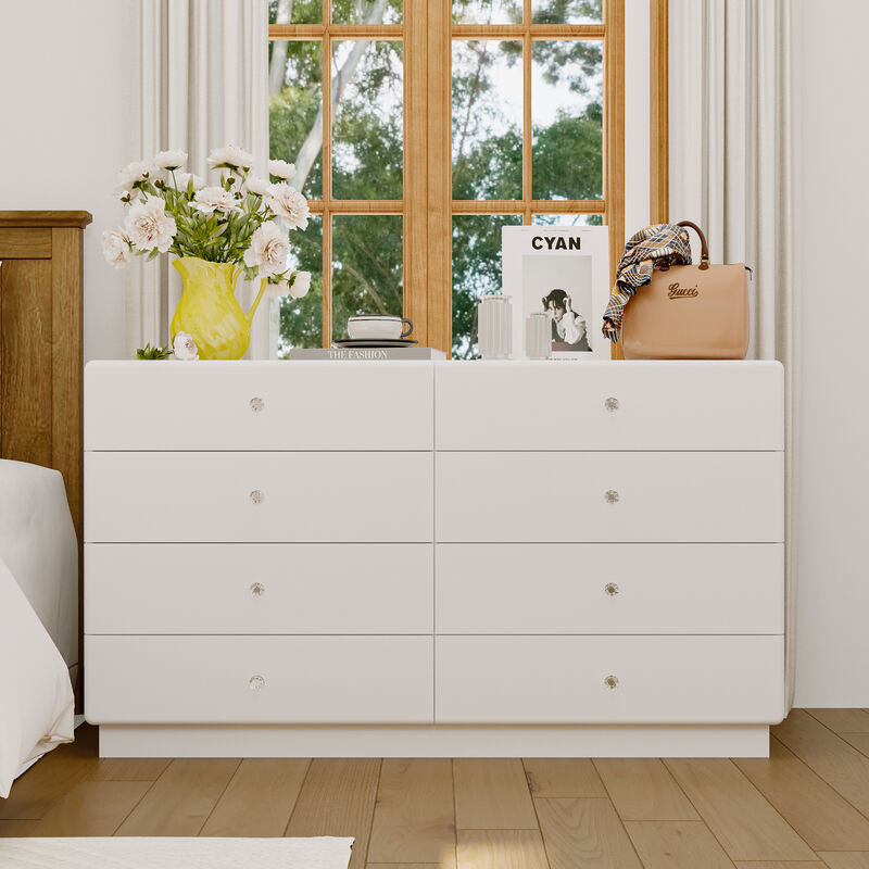 FUFU&GAGA Vanity Dresser with Glass-Top Display, 8 Drawers, LED Light, Adjustable Dividers, MDF (55.1" W x 13.8" D x 31.5" H), White