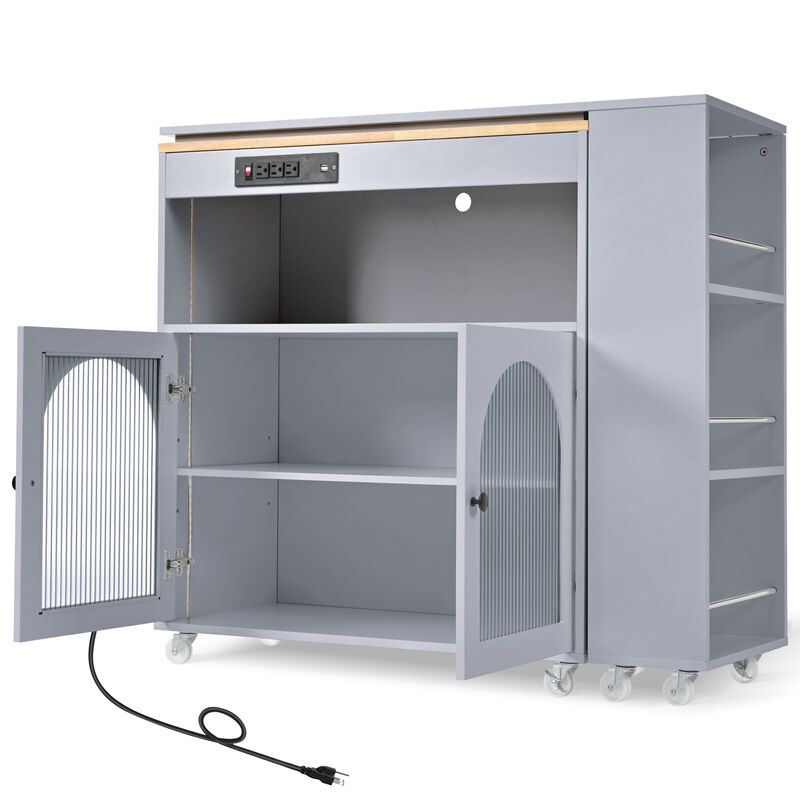 Rolling Kitchen Island With Extended Table, Kitchen island on Wheels with LED Lights,Power Outlets and 2 Fluted Glass Doors, Kitchen Island with a Storage Compartment and Side 3 Open Shelves