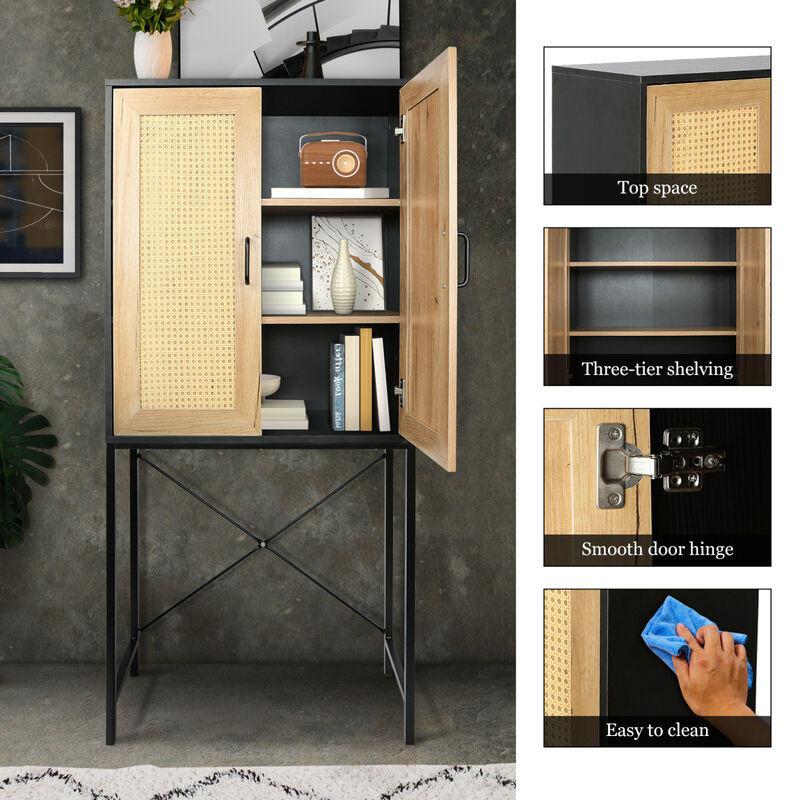 59" High Elegant Cabinet with 2 Rattan Doors Bedroom Living Room Kitchen Cupboard Wooden Furniture with 3-Tier Shelving X-Shaped Supporting Bars Easy Assembly Nature Color