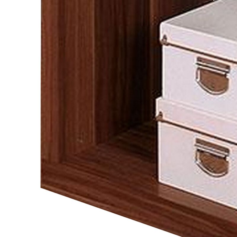 Bere 47 Inch Sofa Table with Black Glass Top, Open Shelves, Brown Wood