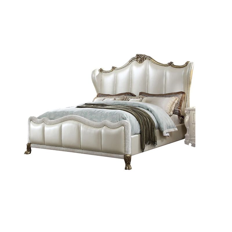 Ally California King Bed, White Faux Leather Victorian Carved, Silver - Benzara
