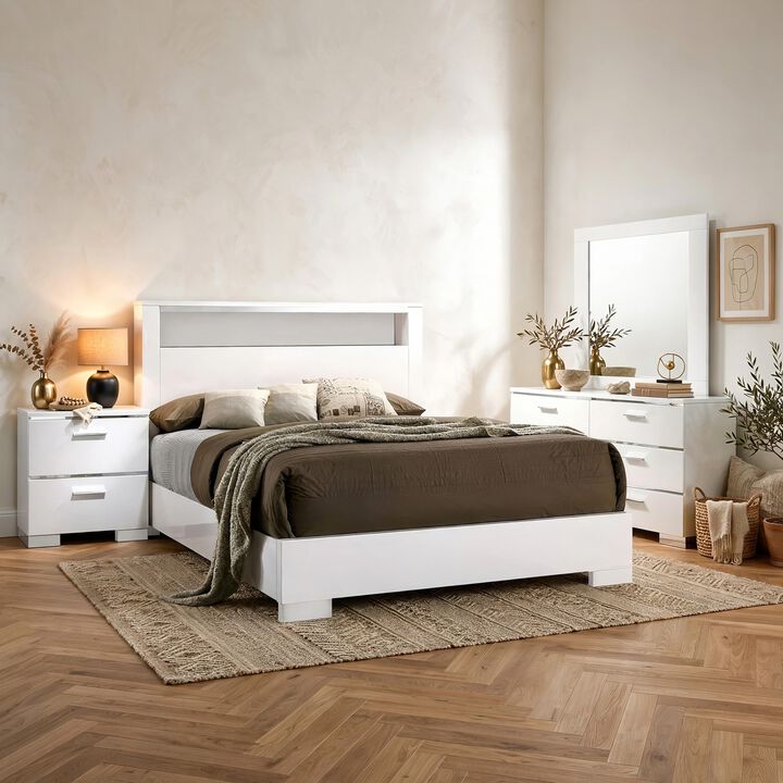 Aman 4pc Queen Bedroom Set, LED Headboard with Shelf, White Wood