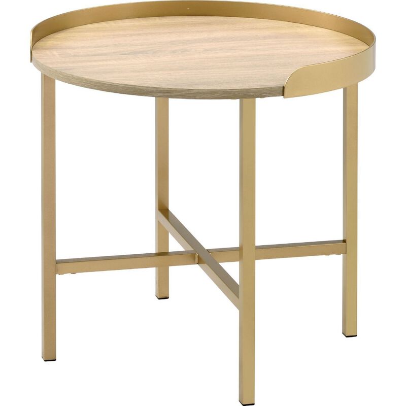Kai 22 Inch Wood End Table, Round Tray Top, Metal Accent, Brown, Brass