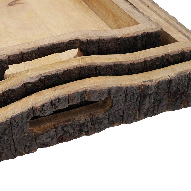 20, 18, 16 Inch Set of 3 Wood Serving Trays, Tree Bark Accent, Natural Brown - Benzara image number 3