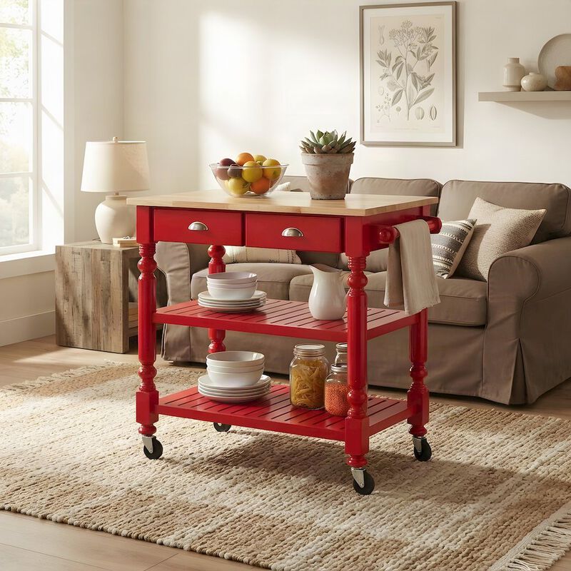 Solid Rubberwood Portable Kitchen Island Cart, Butcher Block Top, Cream image number 3