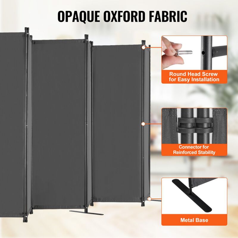 Folding Room Divider with 6 Panels, Portable Privacy Screen for Office, Bedroom & Living Room-Grey image number 5