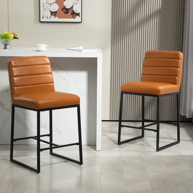 Glamour Home Set of 2 Belisario Light Brown Faux Leather Counter Stool with Black Metal Legs