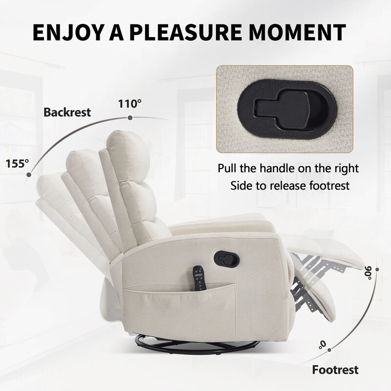 Chenille Manual Recliner Chair Swivel Rocker Recliner with Heat & Massage image number 5