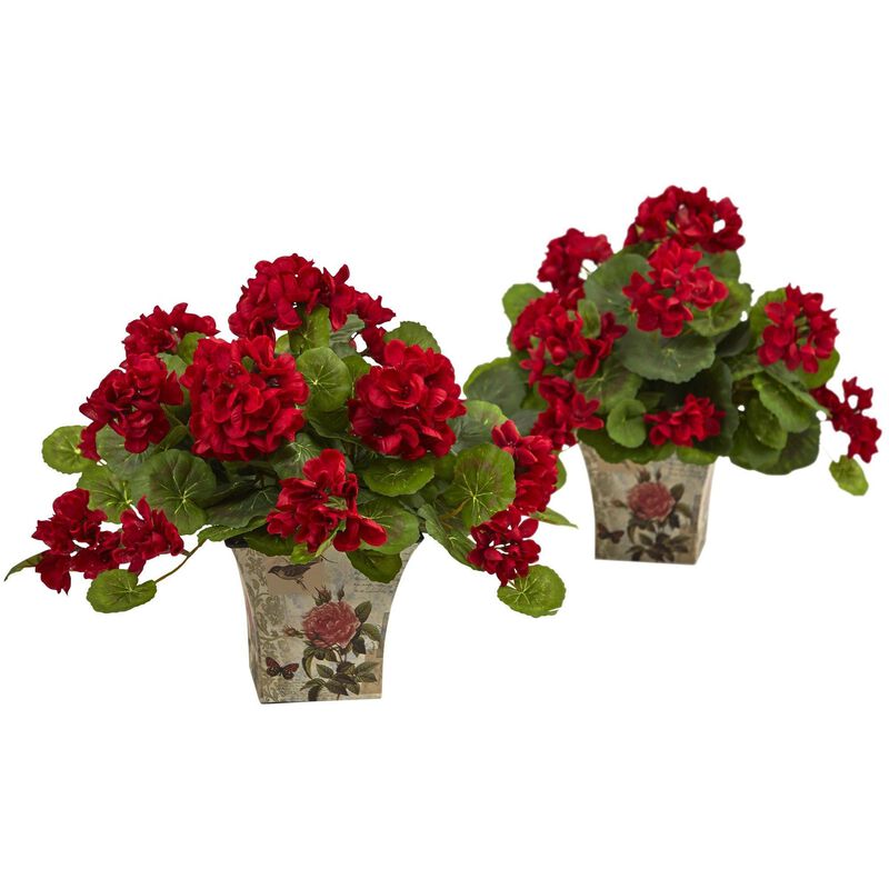 Nearly Natural 11-in Geranium Flowering Plant with Floral Planter (set of 2) image number 1