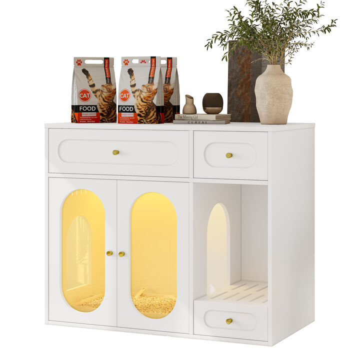 Whisen 37" Pet Furniture, Cat Litter Box Enclosure with 2 Drawers & Side Collection, MDF & Acrylic Hidden Litter Furniture End Table