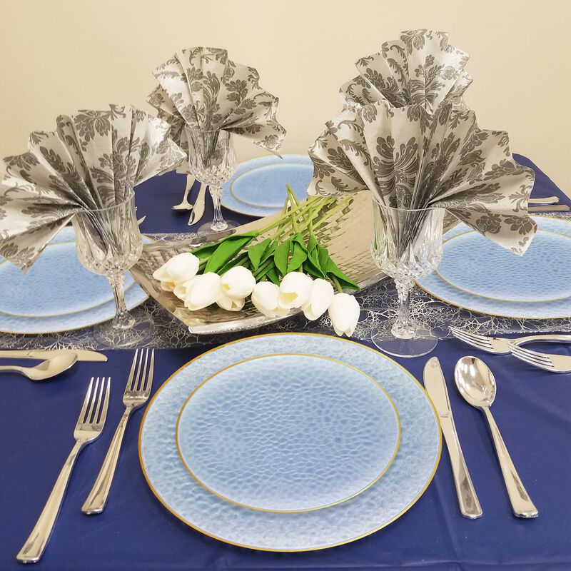 Clear Blue with Gold Rim Hammered Glass Plastic Dinnerware Value Set (60 Sets) image number 8