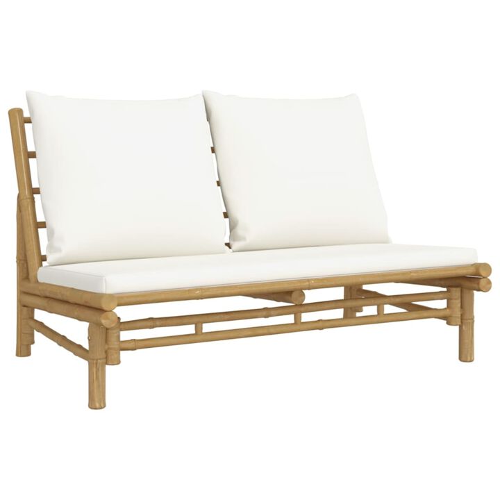 vidaXL Bamboo Patio Bench | with Soft Cream-White Cushions | Outdoor Garden Seat | Robust Construction | Lightweight | Comfortable Seating