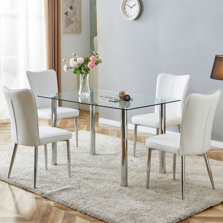 Table and chair set, one table with four chairs, modern minimalist style glass dining table, silver metal legs paired with white PU cushion backrest chair, table size51"x31.4"x29.5"