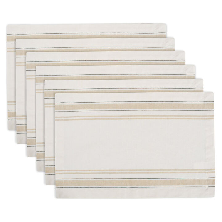 Set of 6 White Chambray and Brown French Stripe Rectangular Placemats 19" x 13"