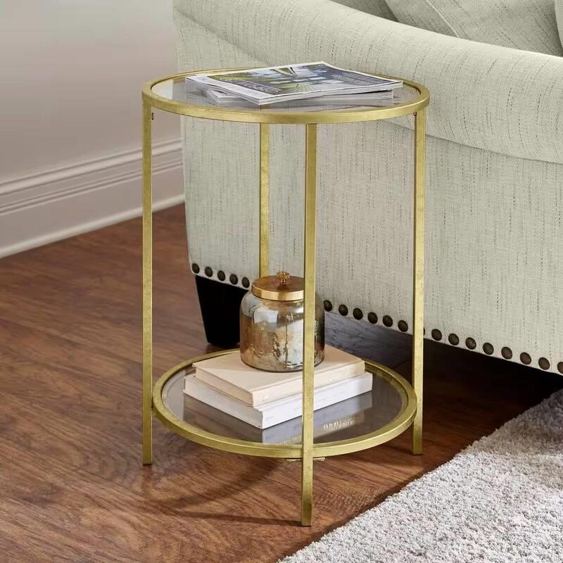 Hivvago Round Accent Side Table Gold Metal Glass Top Bottom Shelf End Table